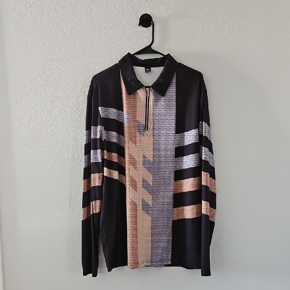 Manfinity Men's Long Sleeve Lightweight Sweater XL Black Tan Geometric 1/4 Zip